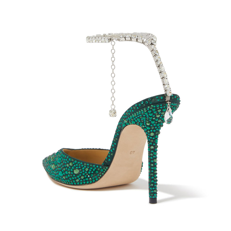 Diamante Ankle Strap Pointed Toe High Heel Pumps - Emerald Green