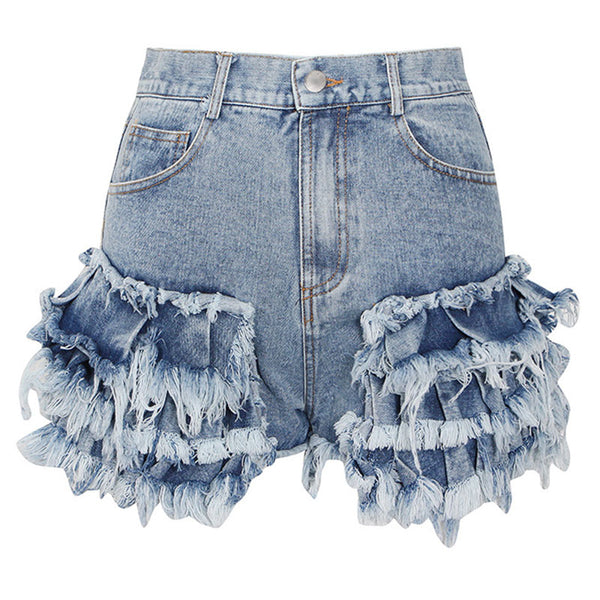 Distressed Frayed Detail Tiered Ruffle Trim High Waist Denim Shorts Luxedress
