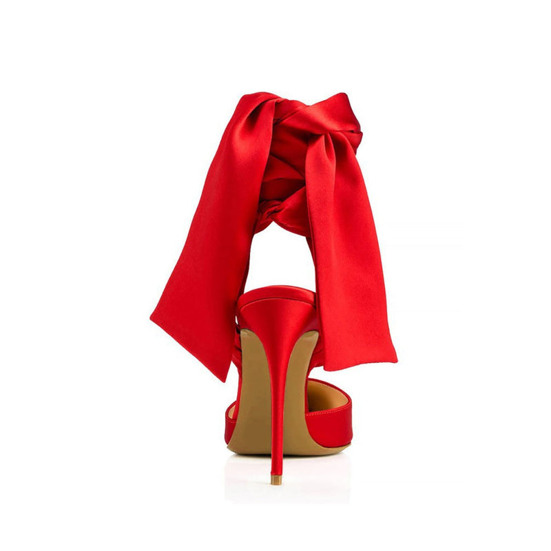 Dramatic Ankle Bow Tie Pointed Toe Stiletto Satin Pumps - Red