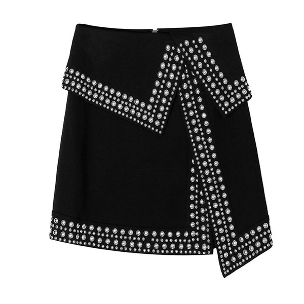 Eccentric Contrast Studded Edge Fold Over High Waist Split A Line Mini Skirt