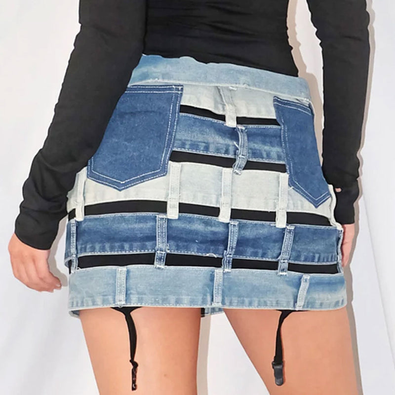 Edgy Button Down Mid Rise Strappy Belt Denim Mini Skirt - Blue