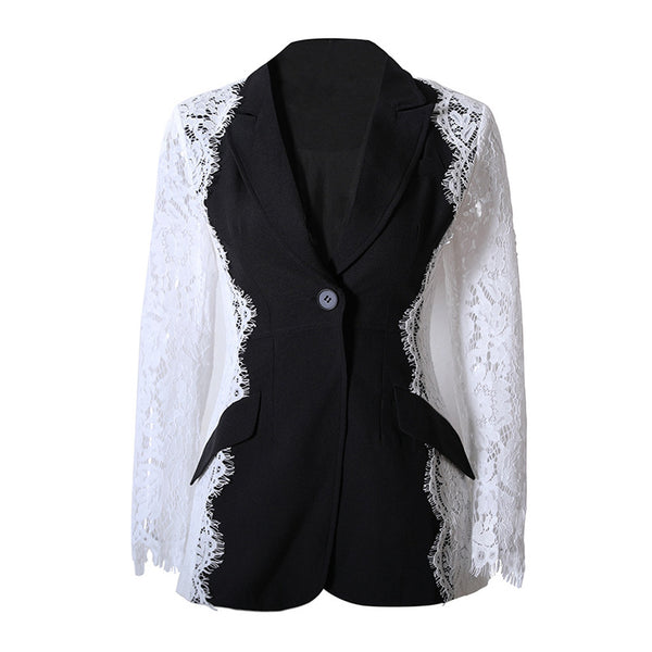 Edgy Contrast Lace Sleeve Lapel Collar Single Breasted Tailored Blazer