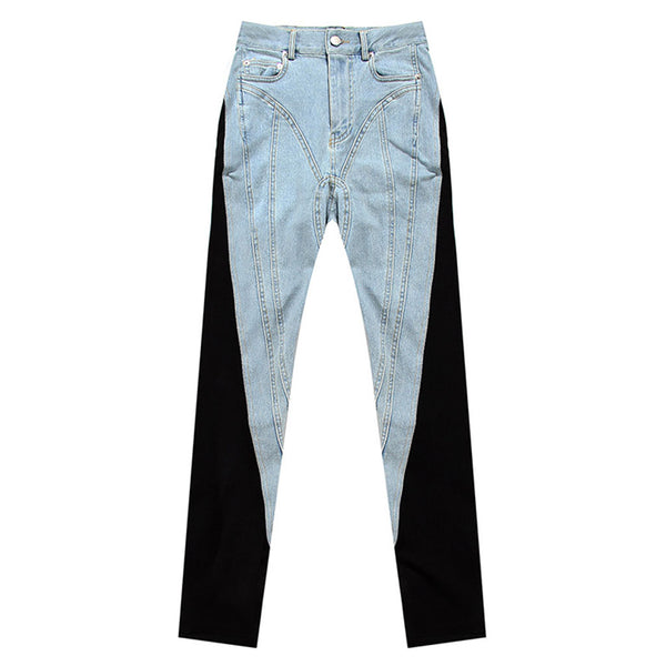 Edgy Two Tone Twisted Seam High Waist Skinny Spliced Jeans