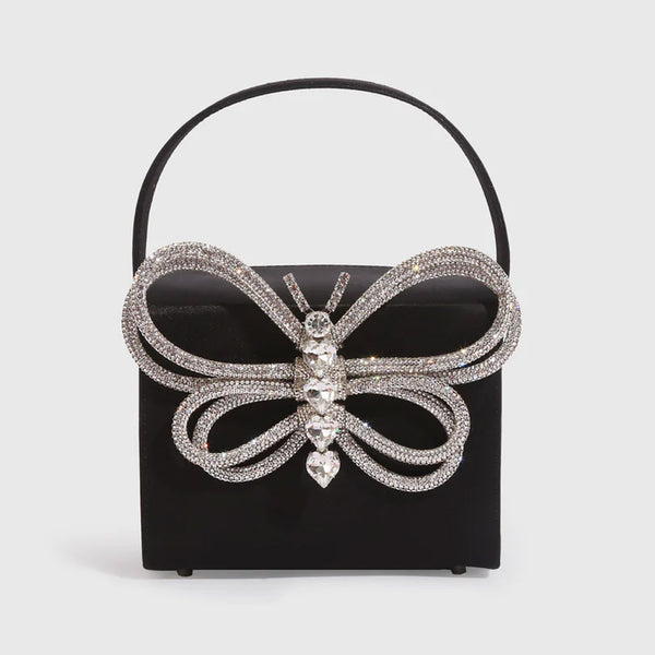 Elegant Butterfly Rhinestone Embellished Box Clutch Bag - Black