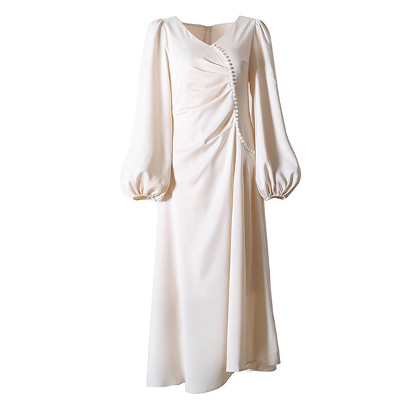 Elegant Imitation Pearl Beaded Ruched V Neck Puff Sleeve Midi Satin Dress