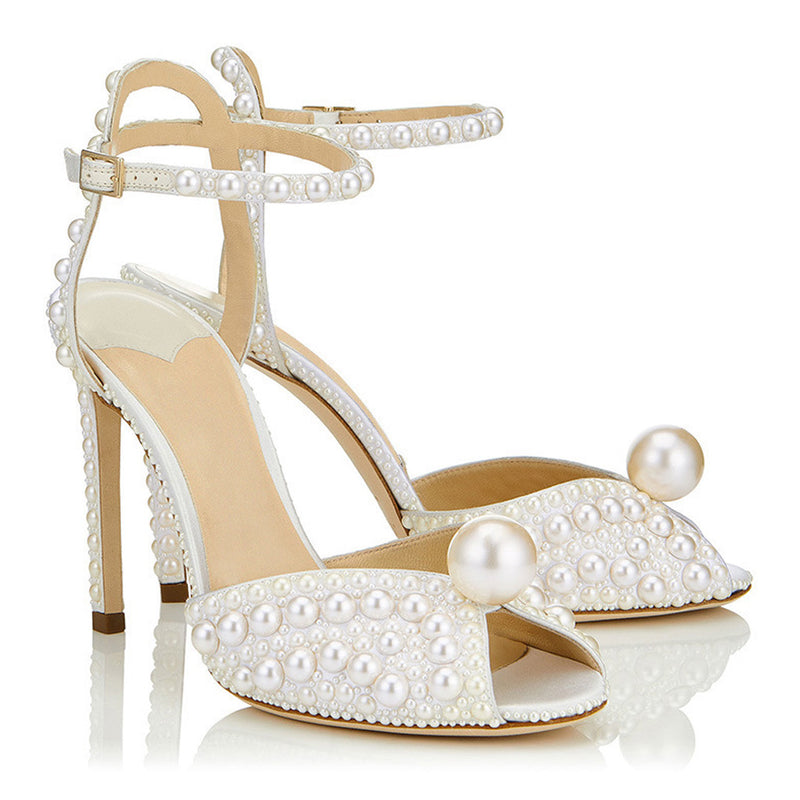 Elegant Pearl Embellished Peep Toe Stiletto Sandals - White