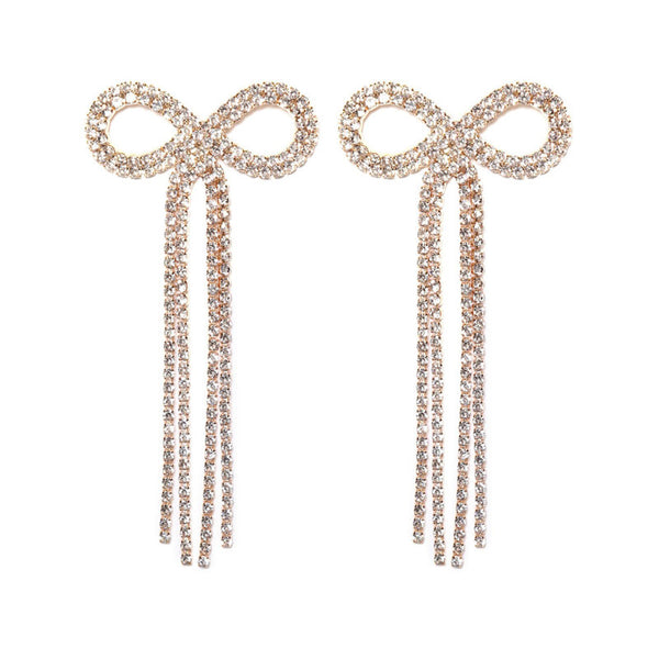 Elegant Rhinestone Embellished Bow Fringe Long Drop Earrings - Silver