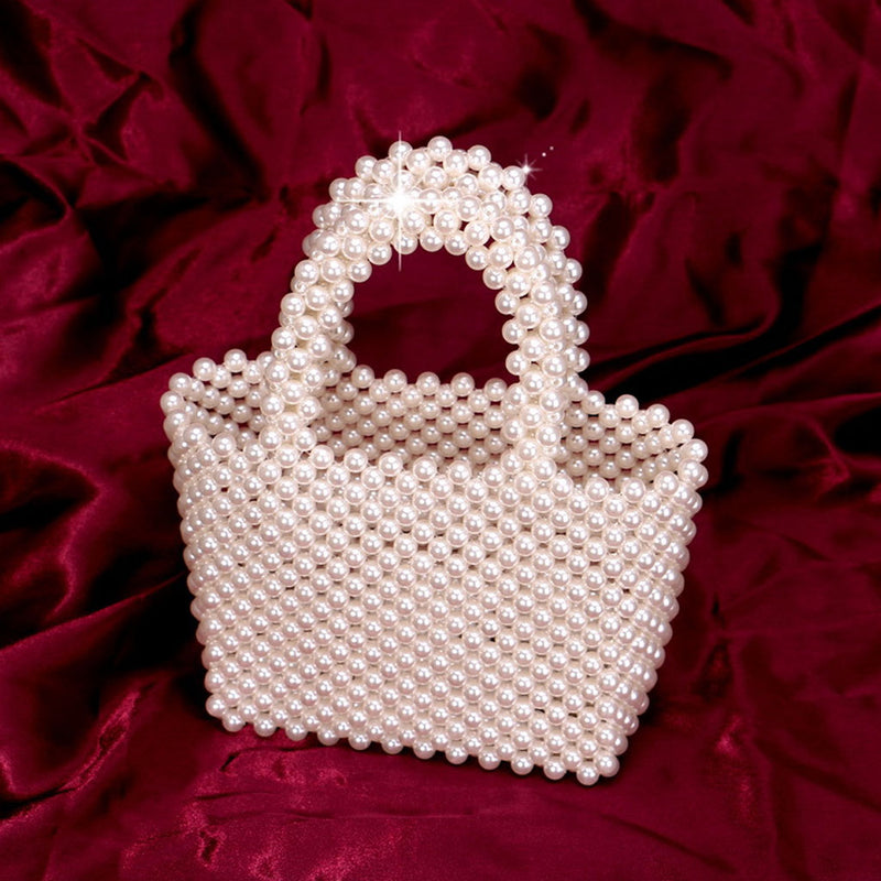 Elegant Top Handle Hand-Woven Pearlized Beaded Clutch Bag - White
