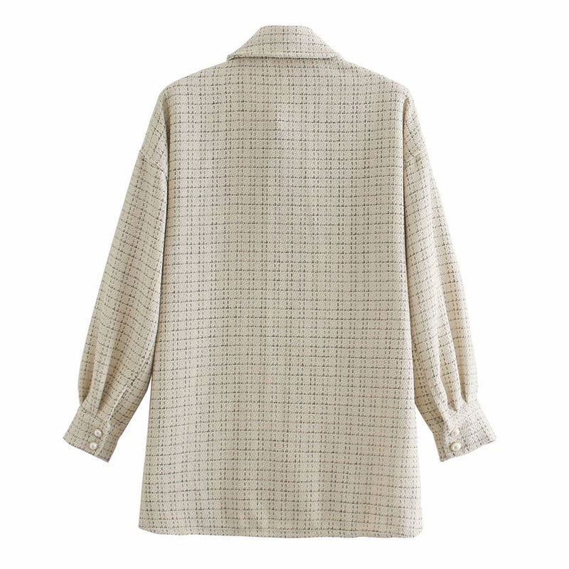 Fashion Gingham Pearl Button Balloon Sleeve Tweed Shirt Jacket - Beige