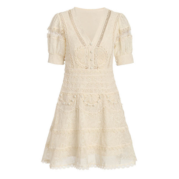 Feminine Floral Embroidered Puff Sleeve V Neck Fit and Flare Mini Lace Dress