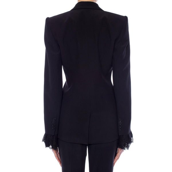 Feminine Lace Trimmed Peak Lapel Shoulder Pad Single Breasted Tailored Blazer - Black