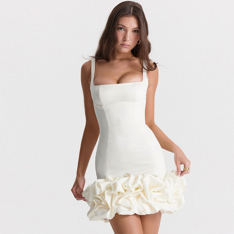 Feminine Ruffled Trim Square Neck Suspender Strap Bodycon Mini Dress - White