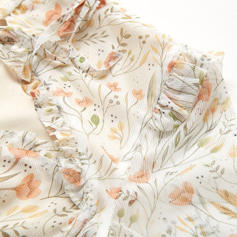 Floral Print Cutout Tie Front High Neck Chiffon Corset Top - Cream