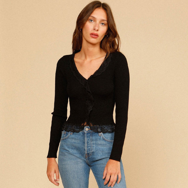 French Lace Edge Long Sleeve Button Front Rib Knit Top - Black