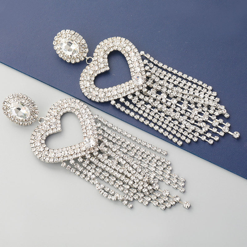 Gem Detail Crystal Embellished Heart Shape Tassel Earrings - Silver