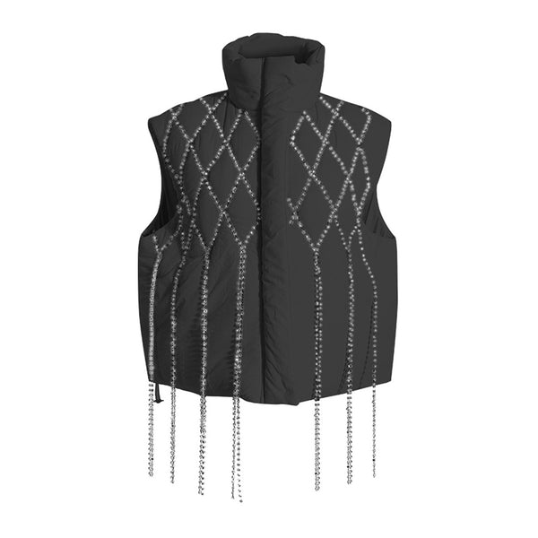 Glitzy Crystal Embellished Fringe Stand Collar Quilted Puffer Vest