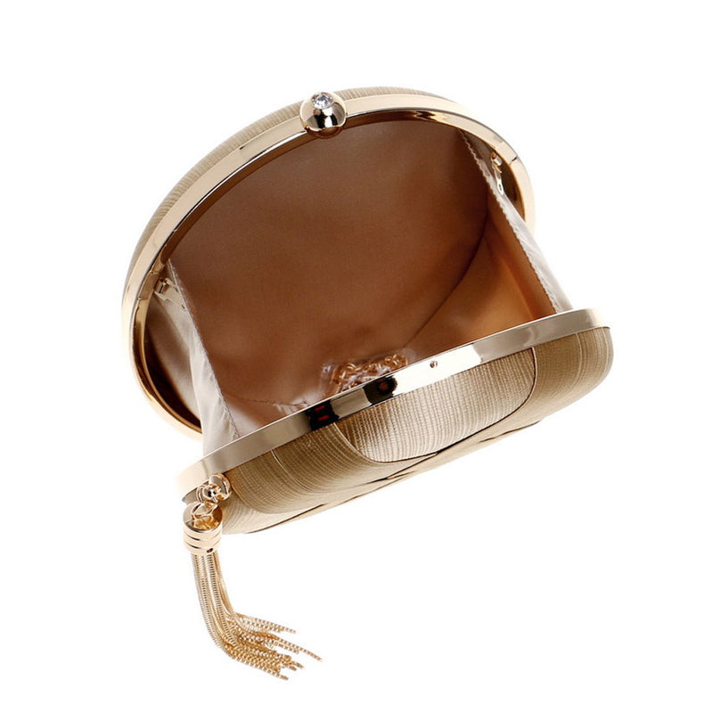 Glossy Fringe Trim Round Shape Braided Satin Mini Clutch Bag - Gold