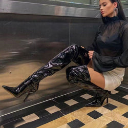 Glossy Patent Leather Over Knee Pointed Toe Stiletto Boots - Black