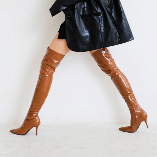 Glossy Patent Leather Over Knee Pointed Toe Stiletto Boots - Caramel