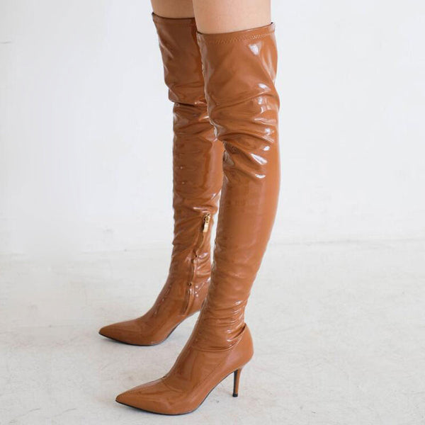 Glossy Patent Leather Over Knee Pointed Toe Stiletto Boots - Caramel