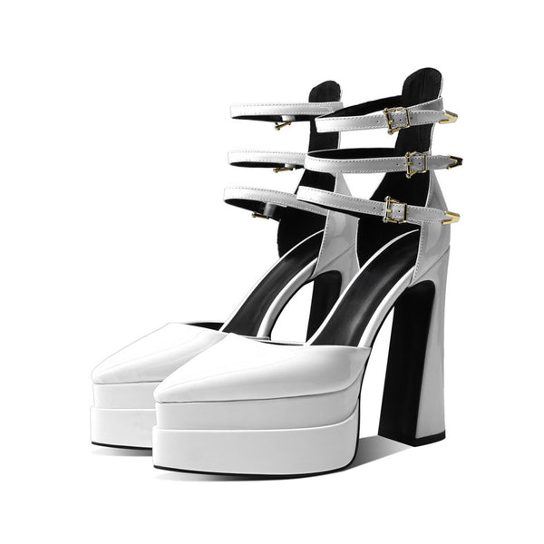 Glossy Pointed Toe Platform Block Heel Ankle Strap Pumps - White
