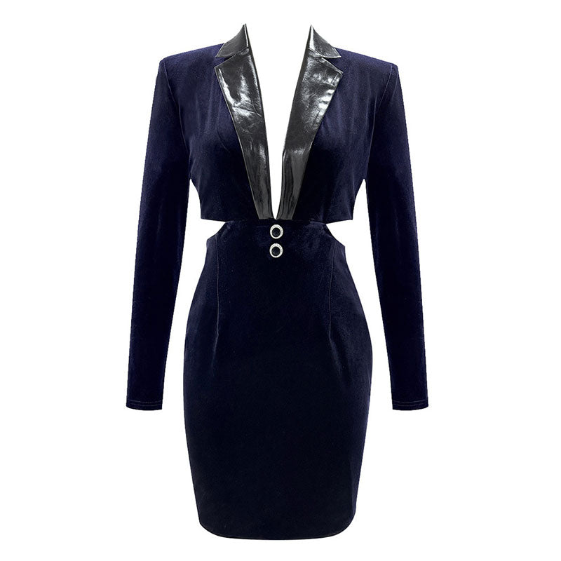 Gold Button Vegan Leather Paneled Collared Cut Out Fitted Mini Velvet Dress - Navy Blue