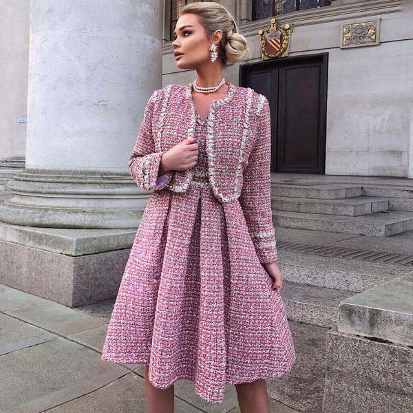 Graceful Beaded Embellished Tweed Blazer Matching Set - Pink