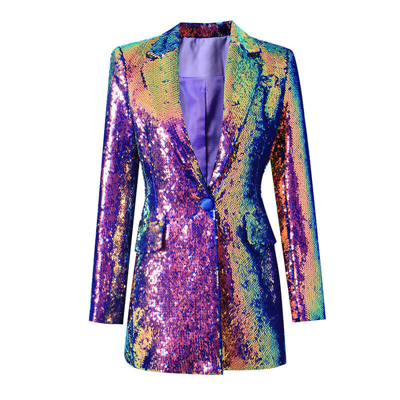Holographic Lapel Collar Single Breasted Long Sequin Blazer - Purple