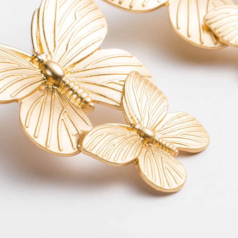 Intricate Metallic Double Butterfly Drop Earrings - Gold