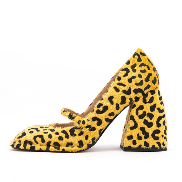 Leopard Print Faux Fur Geometric Heel Mary Jane Pumps - Yellow
