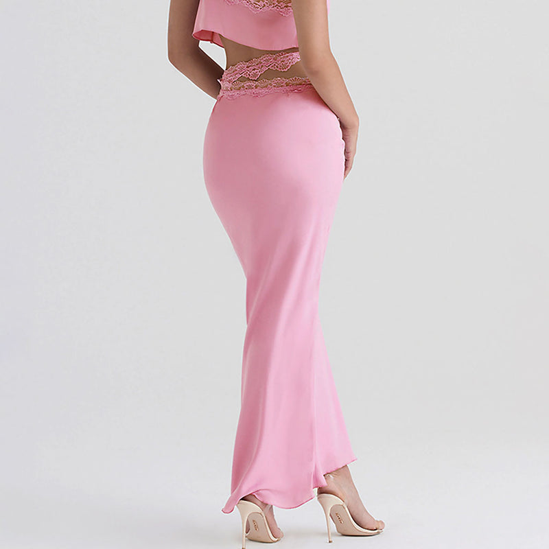 Lustrous Lace Trim Cutout Satin Mermaid Maxi Skirt - Pink