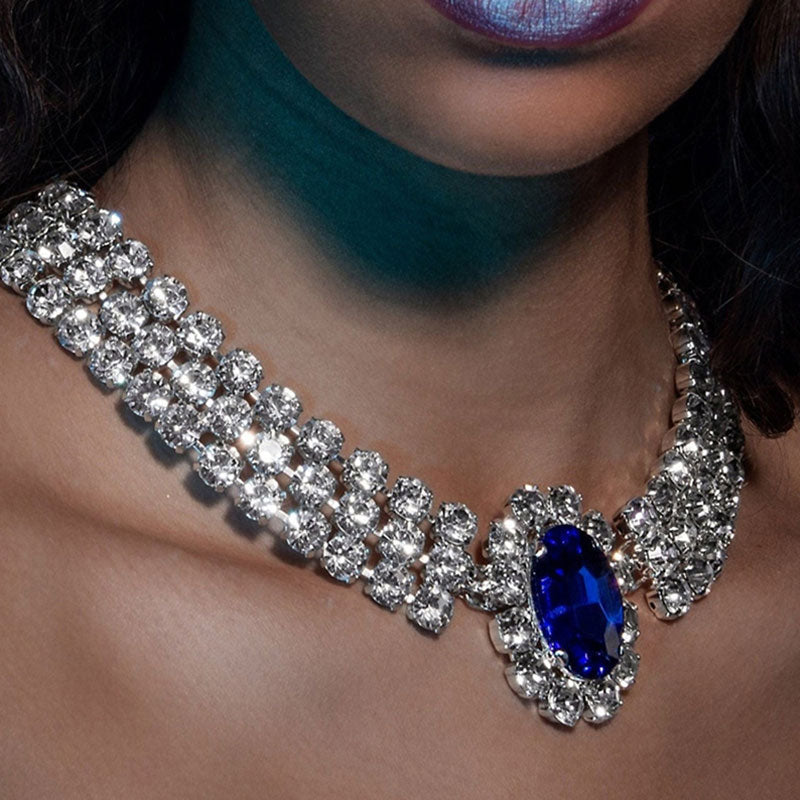 Luxurious Faux Sapphire Crystal Embellished Collar Necklace - Silver