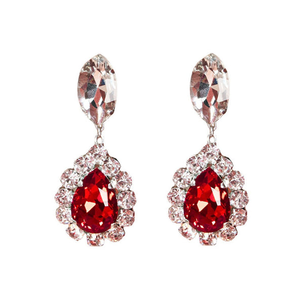 Luxurious Gem Pear Cut Pendant Silver Plated Dangle Earrings - Red