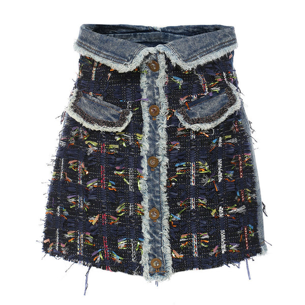 Luxury Button Front Foldover High Rise A-line Tweed Denim Mini Skirt