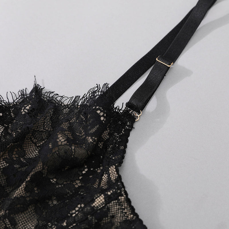 Luxury Eyelash Lace Embroidered Underwire Lingerie Set - Black