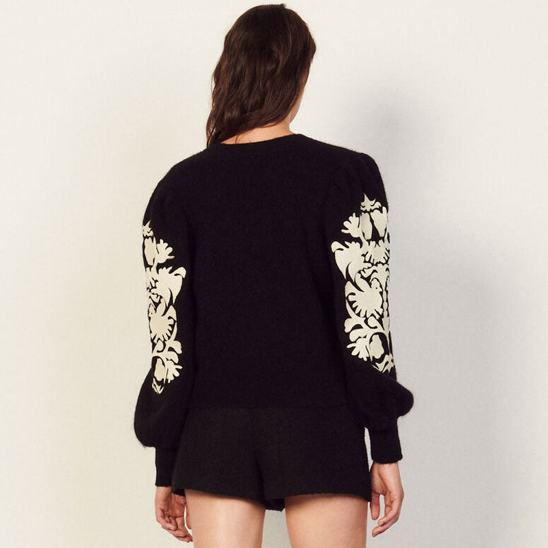 Luxury Floral Print Long Sleeve Mohair Knit Pullover Sweater - Black