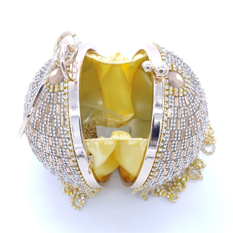 Luxury Rhinestone Embellished Fringe Round Party Clutch - Gold