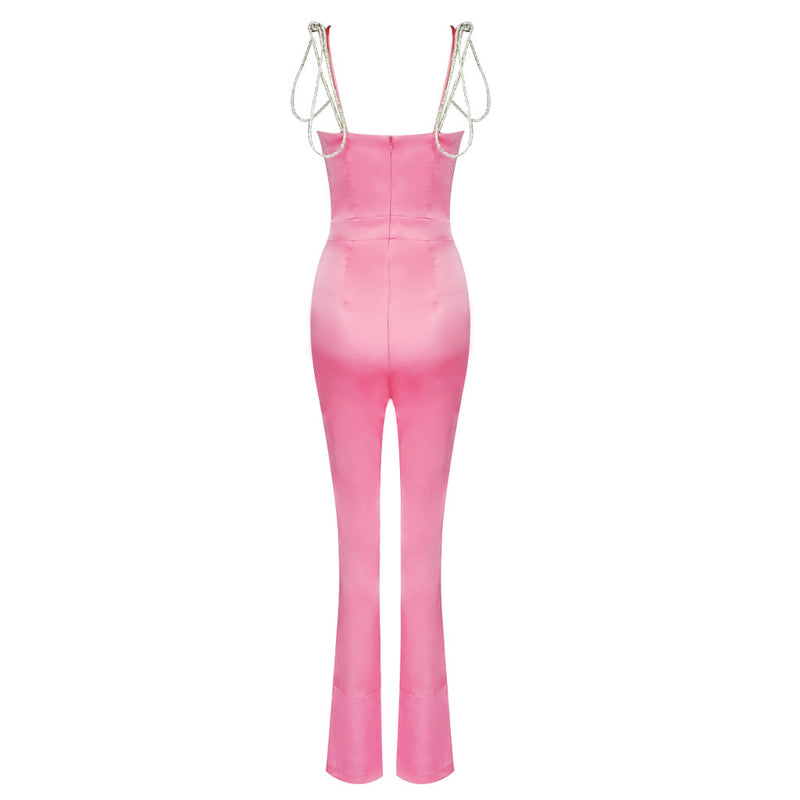 Luxury Rhinestone Strap Split Front Bustier Corset Satin Jumpsuit - Pink