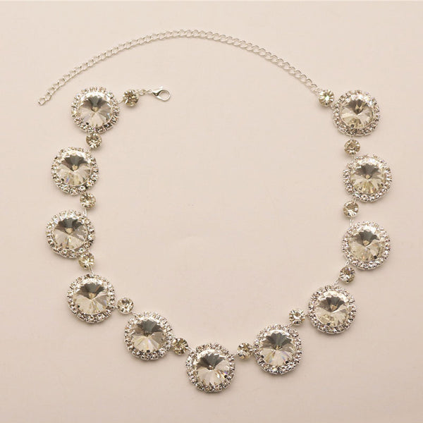 Luxury Round Cut Gemstone Crystal Embellished Collar Necklace - Silver