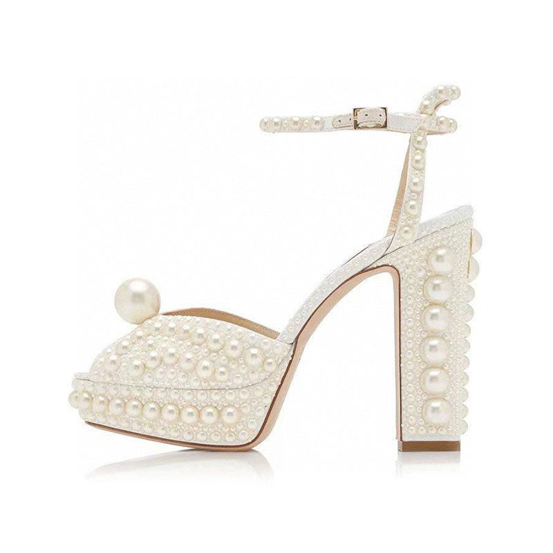 Opulent Pearl Embellished Peep Toe Platform Block Heel Sandals - White