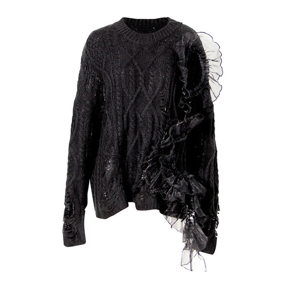 Oversized Ruffle Trim Distressed Detail Round Neck Fisherman Cable Knit Sweater
