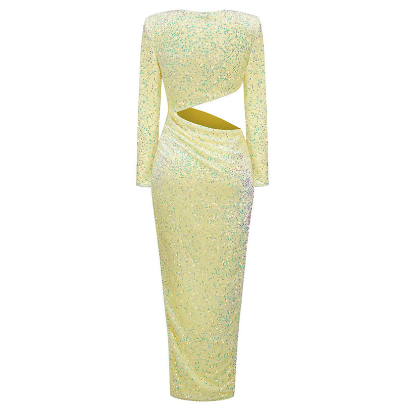 Radiant Sequin Embellished Ruched Cutout Long Sleeve Side Slit Maxi Velvet Dress - Yellow