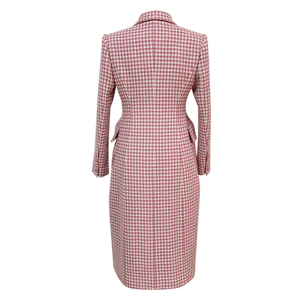 Retro Houndstooth Print Peak Lapel Double Breasted Woolen Tailored Duster Coat