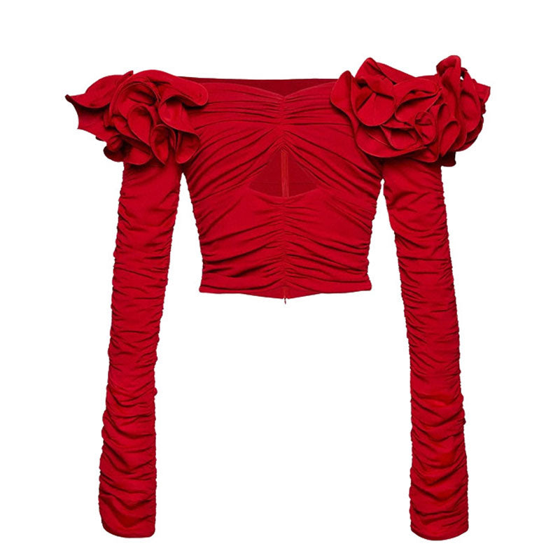 Romantic Floral Rosette Off The Shoulder Cut Out Ruched Crop Top - Red