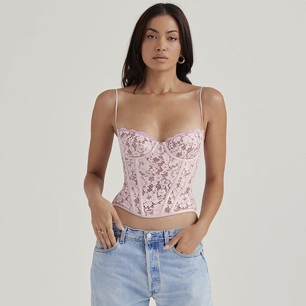 Romantic Sweetheart Spaghetti Strap Floral Lace Corset Crop Top - Pink