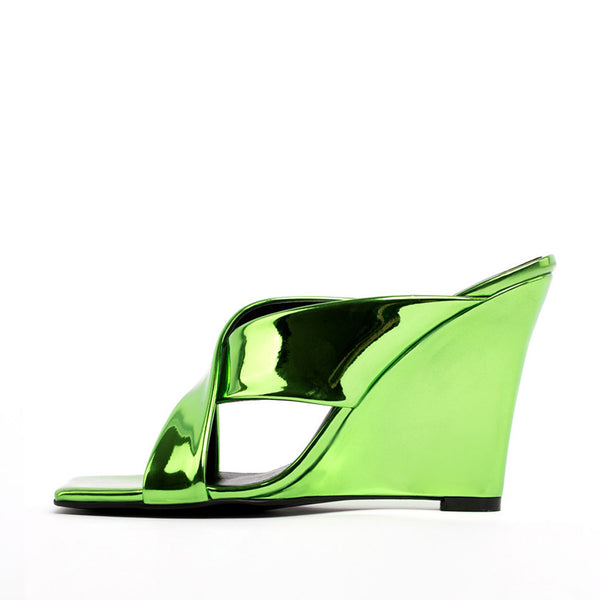 Sassy Cross Strap Patent Leather Square Toe Wedge Mules - Green