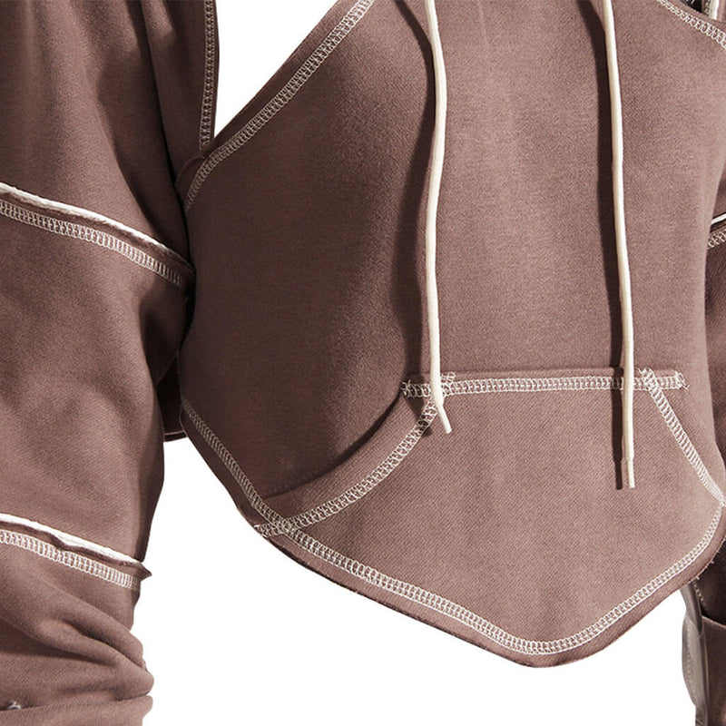 Sassy Cutout Tie Back Contrast Stitch Drawstring Hooded Crop Sweatshirt