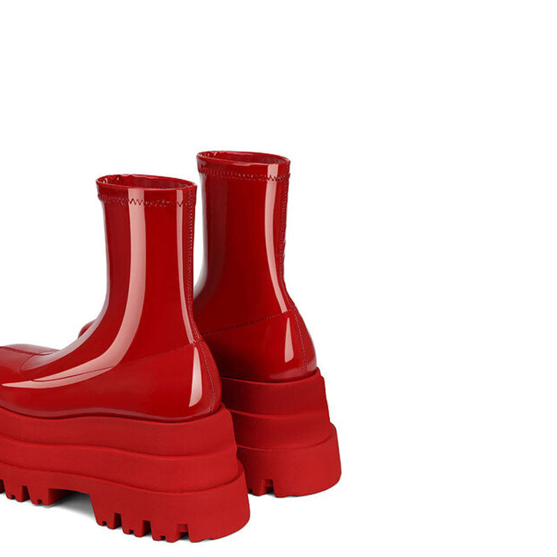 Sassy Patent Leather Square Toe Platform Sock Boots - Red