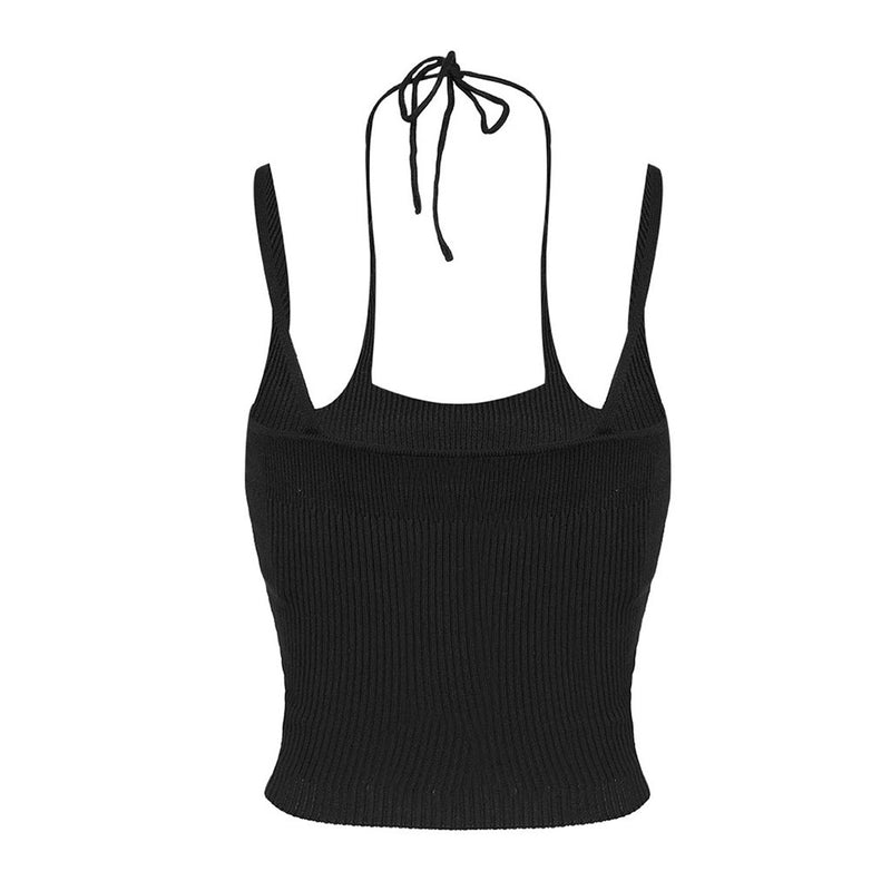 Sexy Cross Front Halter Neck Fitted Ribbed Knit Layered Crop Top