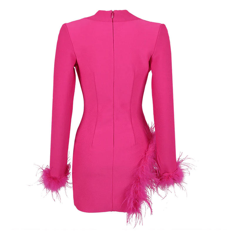 Sexy Faux Feather Trim Side Slit Shawl Collar Mini Tailored Blazer Dress - Hot Pink